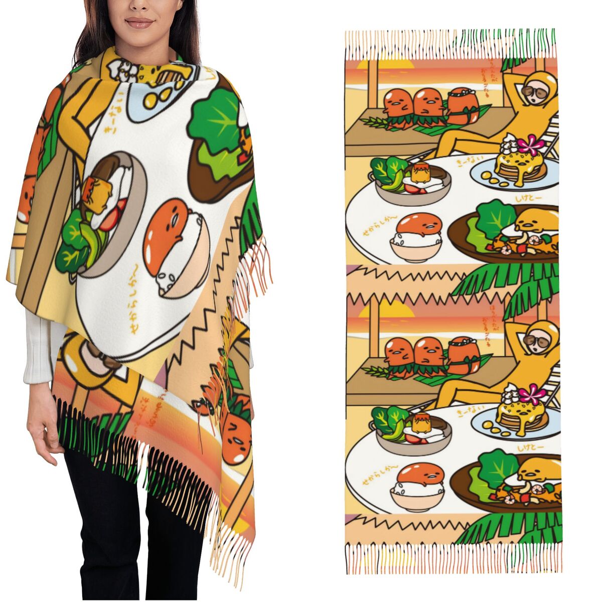 Pashmina Wrap Large - Écharpe femme avec gland Gudetama mignon