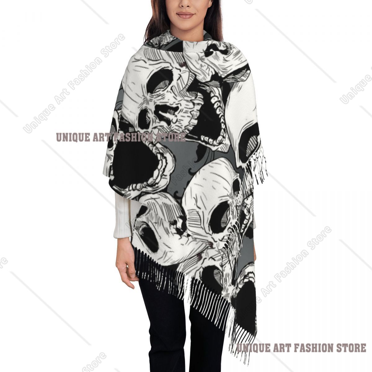 Pashmina Wrap Large - Écharpe à pampilles pour femmes, crâne